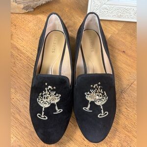 Talbots Black Loafers with Gold Embroidery
